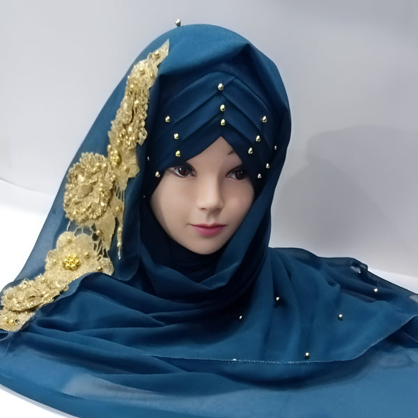 Blue Chiffon Hijab 3D Fancy flower