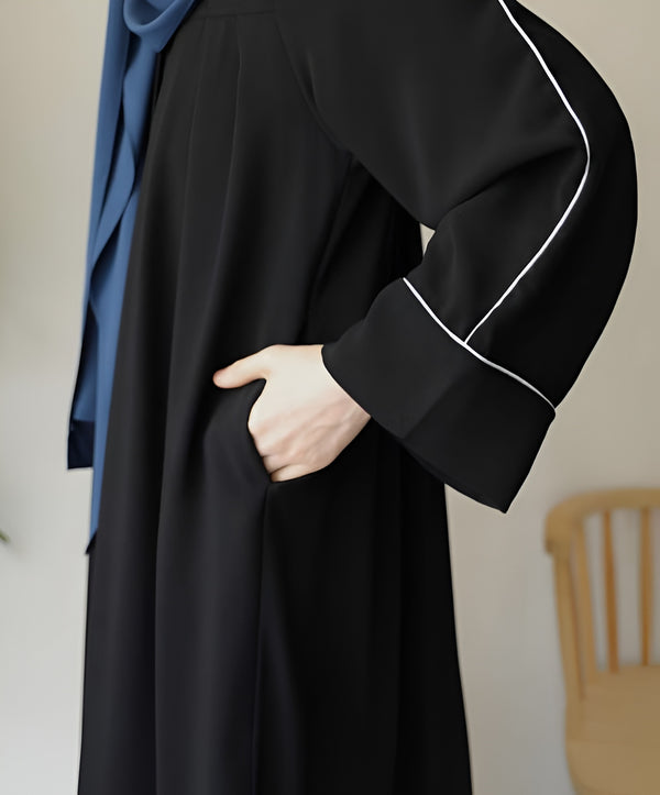 Classic Black Georgette Abaya with White Piping & Matching Stoller